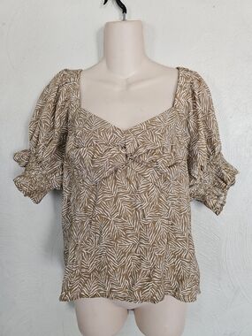 Nine West Tie-Front Puff Sleeve Top in Tan Leaf Print Size Womens XL